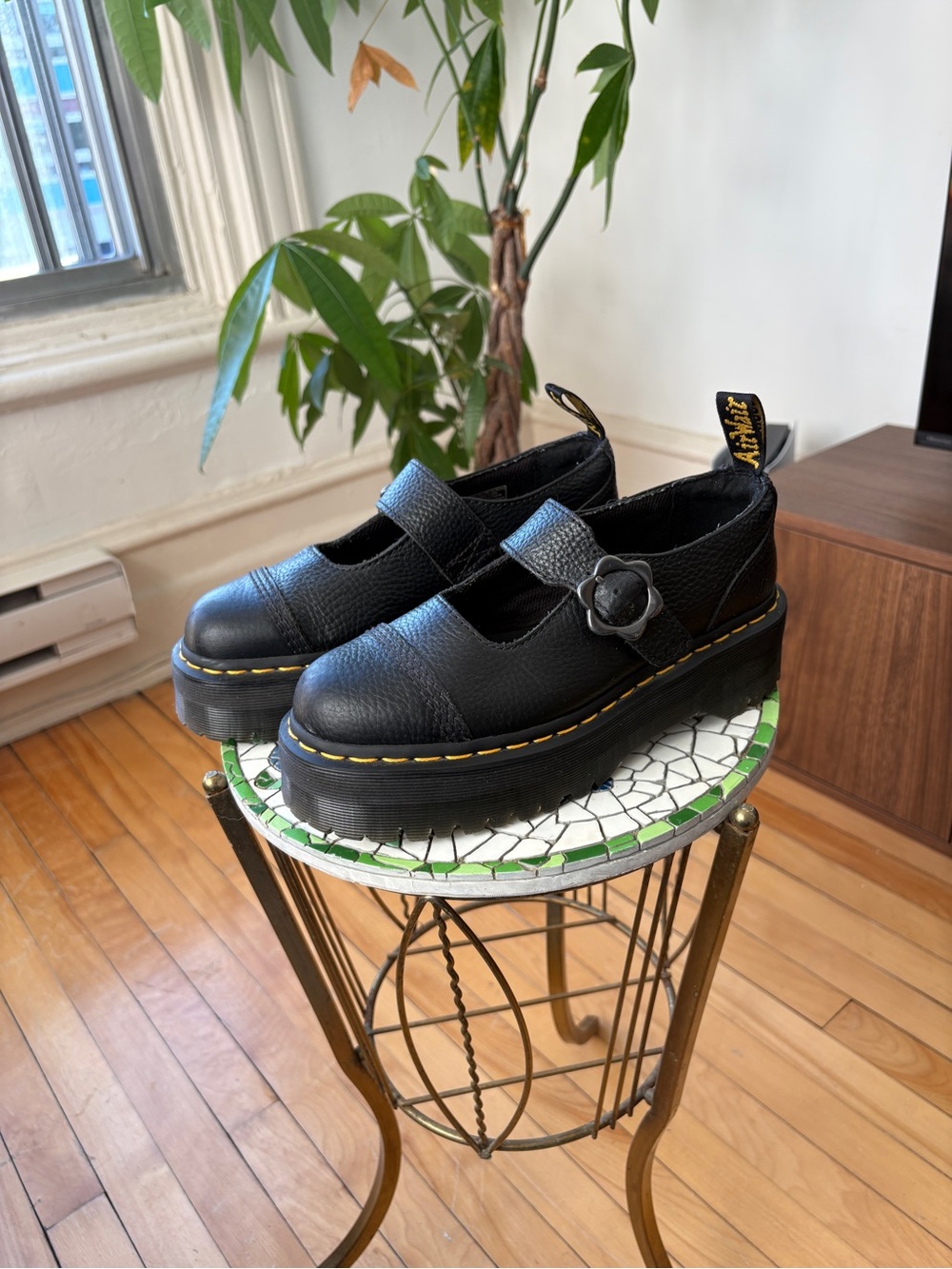 DR. MARTENS Black Platform Mary Jane Shoes with Yellow Stitching - Picture 4 of 5